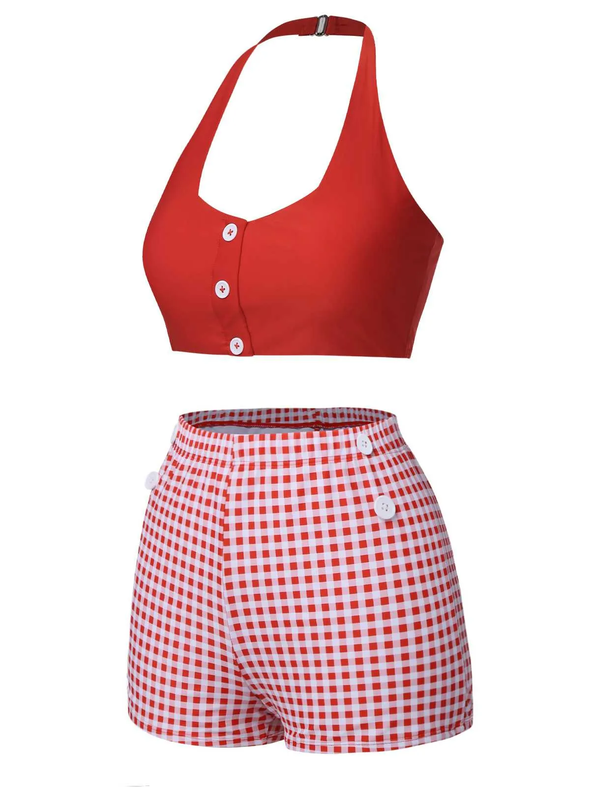 Red 1950s Halter Plaids Swimsuit