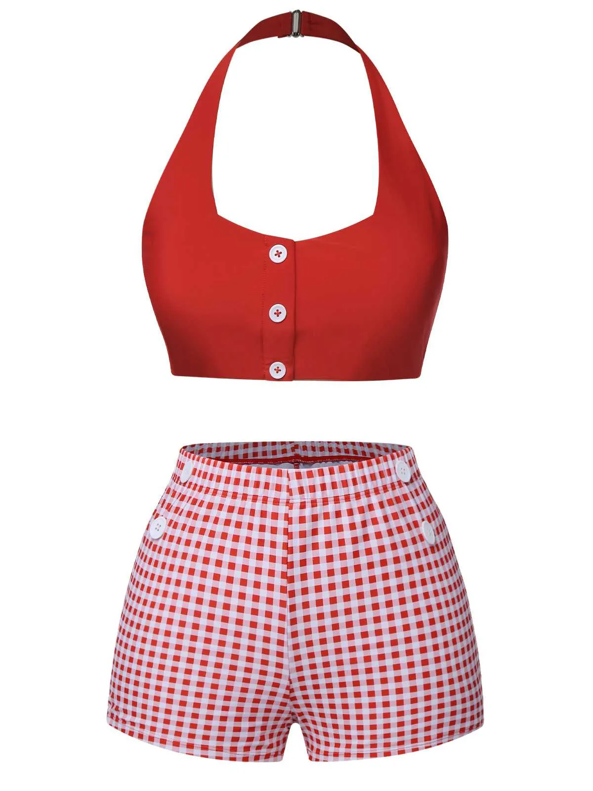 Red 1950s Halter Plaids Swimsuit