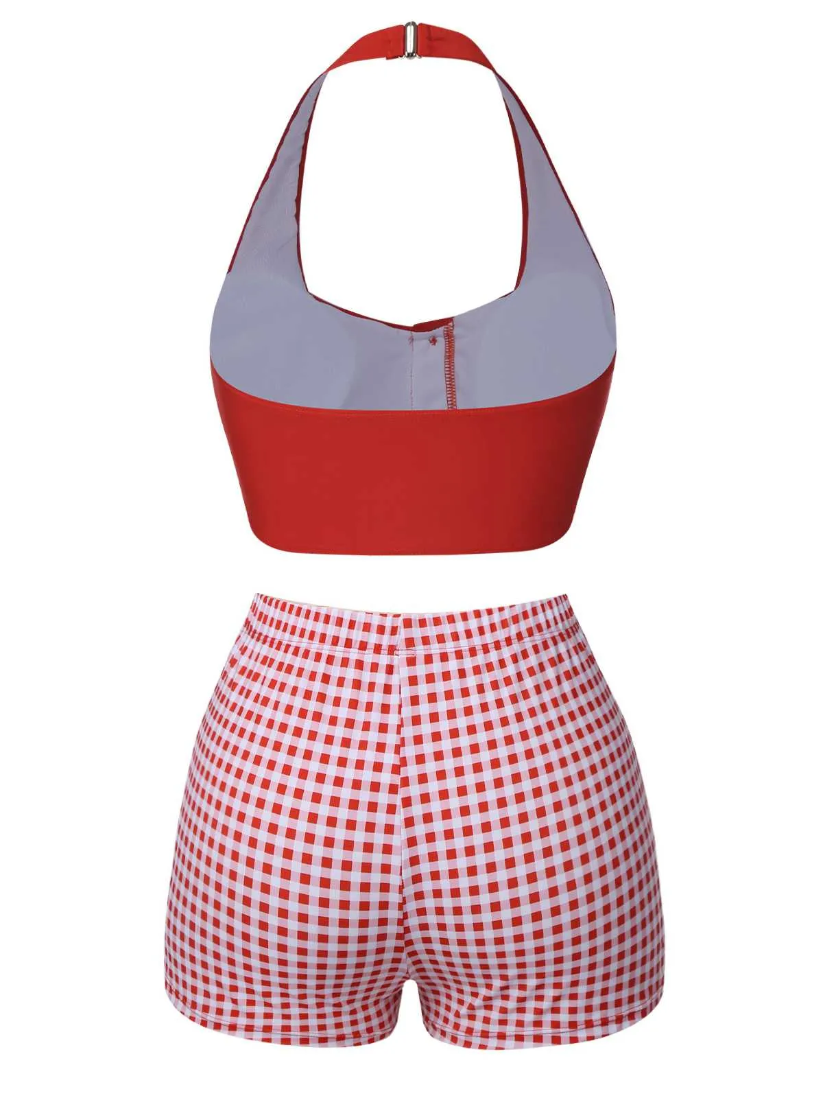 Red 1950s Halter Plaids Swimsuit