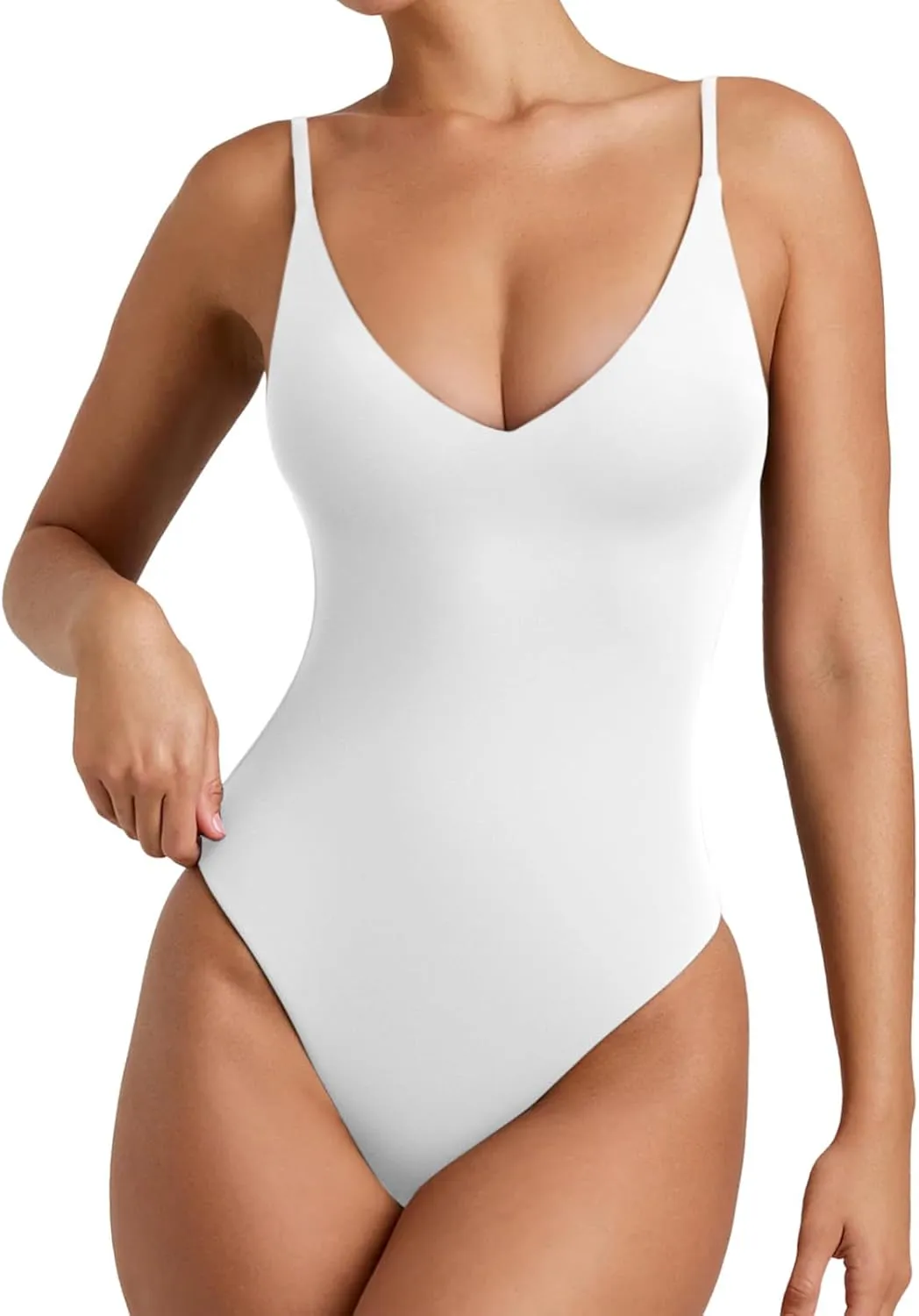 REORIA Womens Sexy Trendy Open Back V Neck Spaghetti Strap Backless Trendy Cami Bodysuit Tops