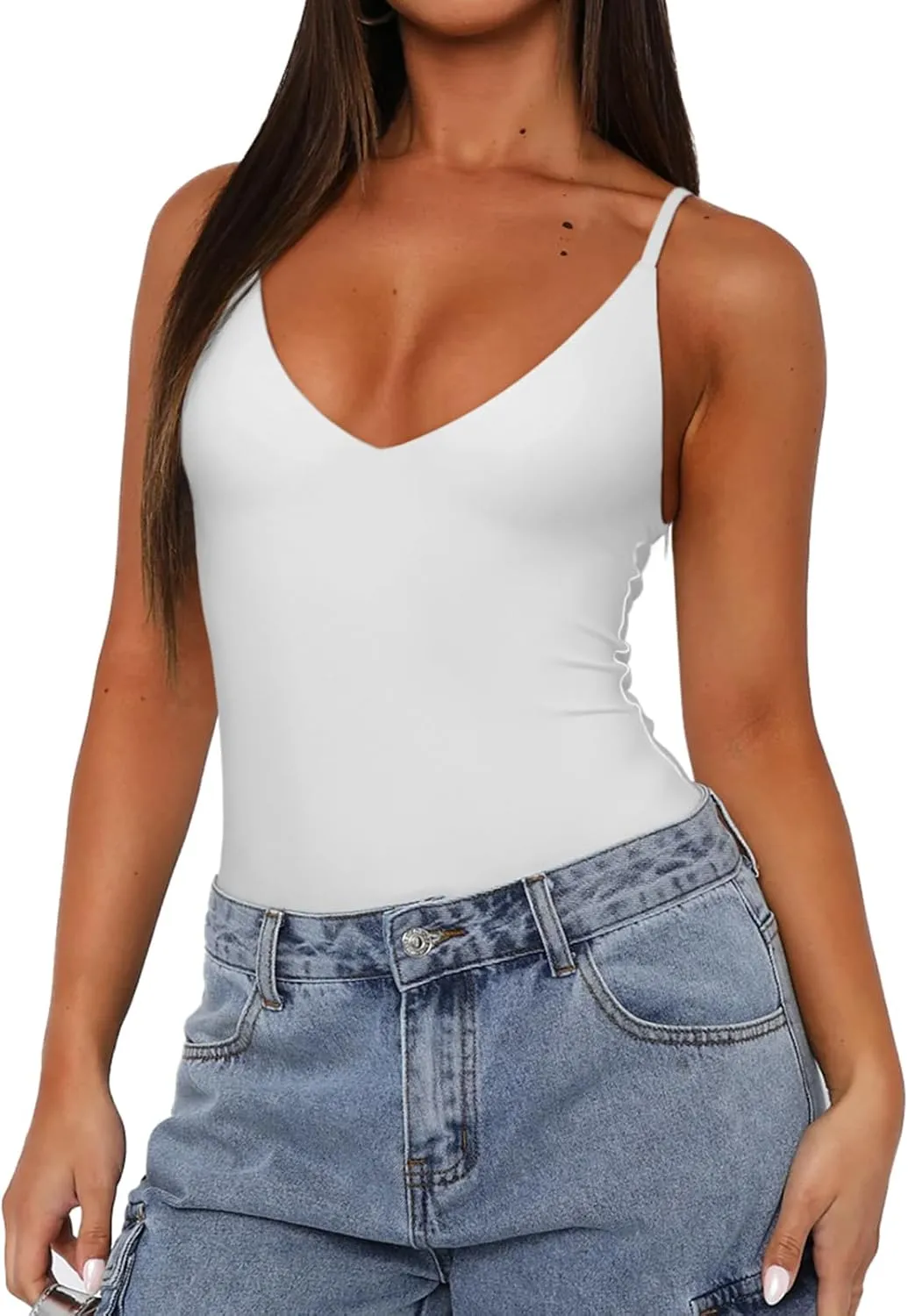 REORIA Womens Sexy Trendy Open Back V Neck Spaghetti Strap Backless Trendy Cami Bodysuit Tops