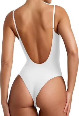 REORIA Womens Sexy Trendy Open Back V Neck Spaghetti Strap Backless Trendy Cami Bodysuit Tops