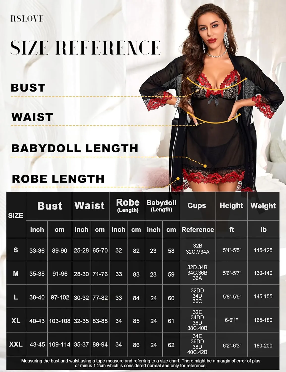 RSLOVE Women Sexy Lingerie Set 3 Piece Babydoll & Lace Kimono Robe Strap Chemise Sleepwear Mesh Nightgown