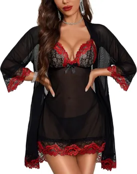 RSLOVE Women Sexy Lingerie Set 3 Piece Babydoll & Lace Kimono Robe Strap Chemise Sleepwear Mesh Nightgown