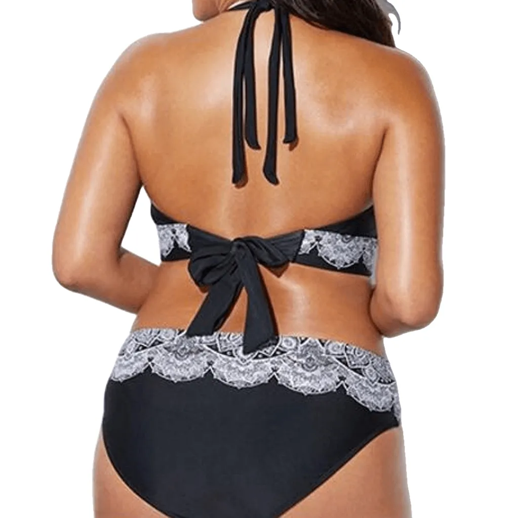 Sexy Gothic Print Bandage Padded Plus Size Split Body Swimwear For Women