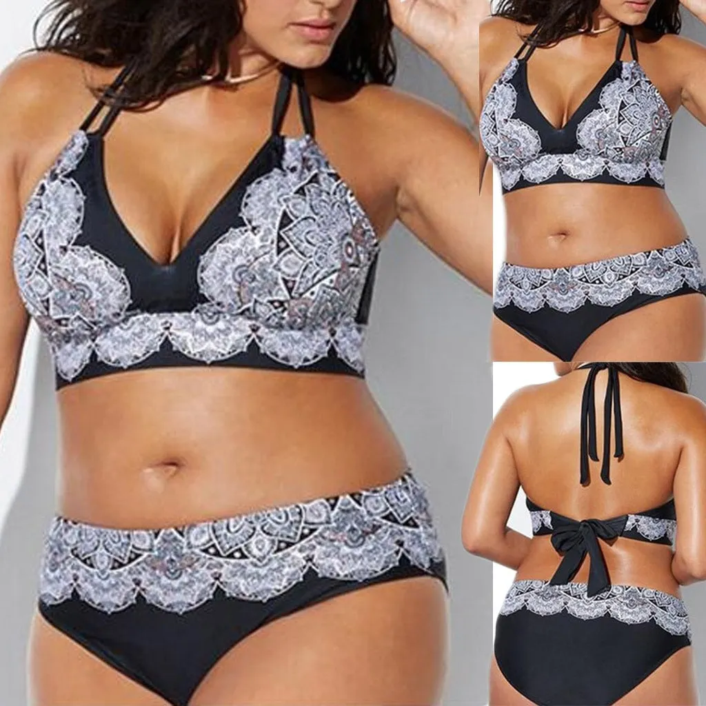 Sexy Gothic Print Bandage Padded Plus Size Split Body Swimwear For Women