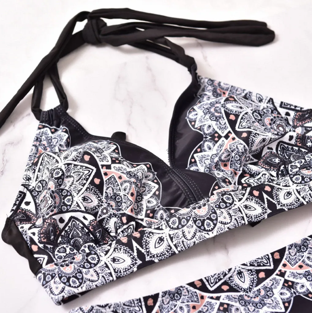 Sexy Gothic Print Bandage Padded Plus Size Split Body Swimwear For Women