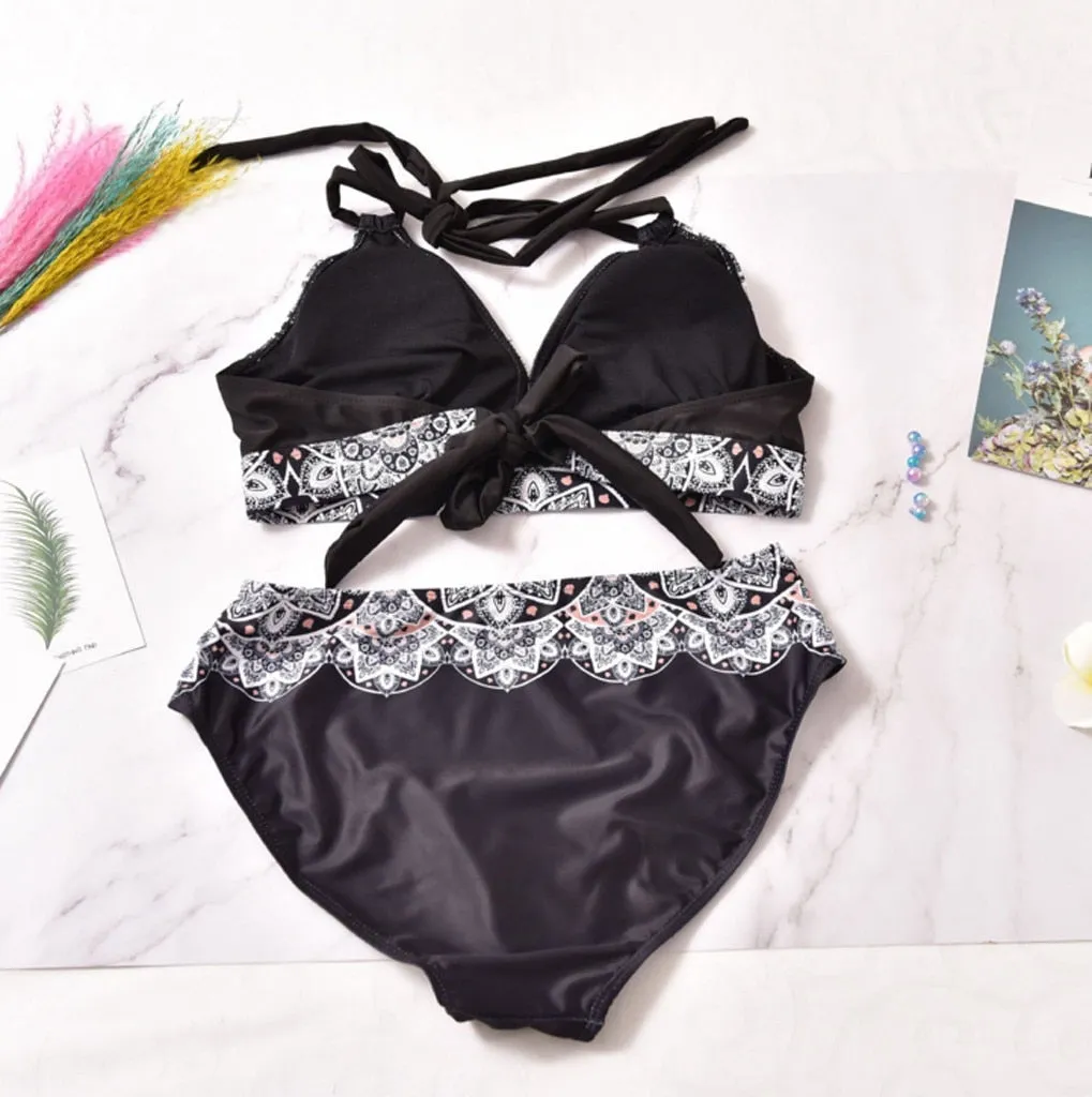 Sexy Gothic Print Bandage Padded Plus Size Split Body Swimwear For Women