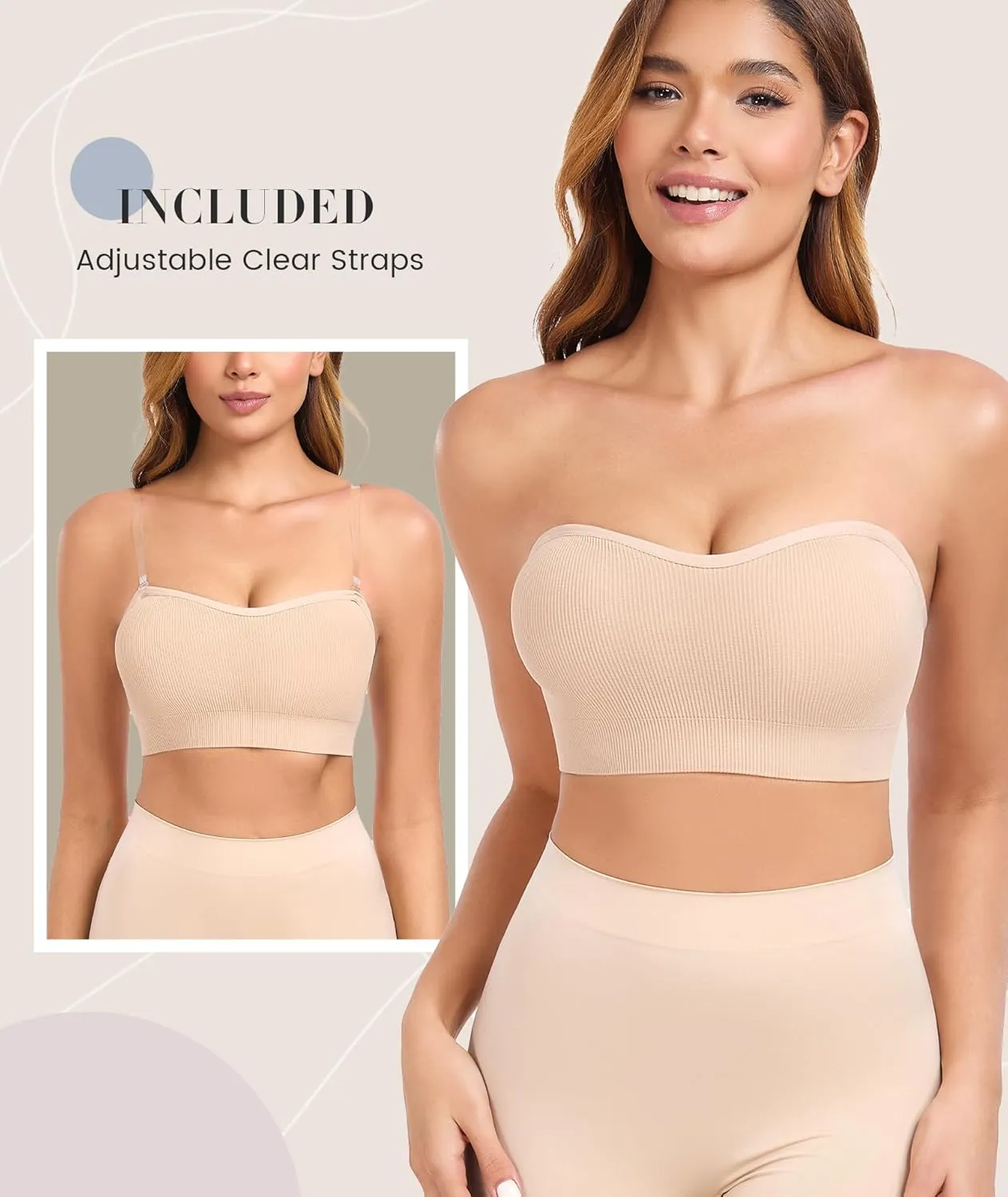 Strapless Bras for Women Non-Slip Padded Bandeau Bra Wireless Tube Top Bra Including Clear Straps