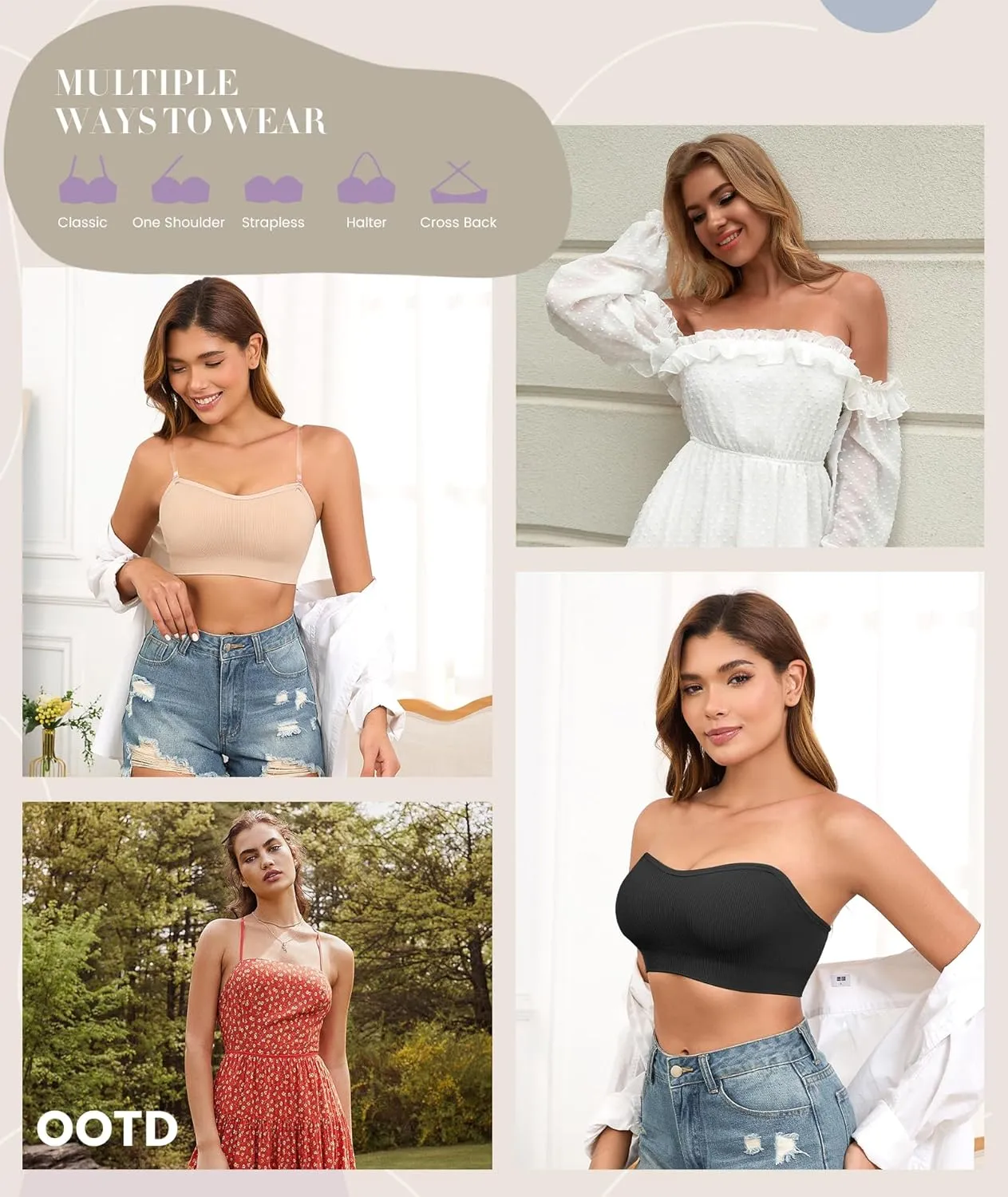 Strapless Bras for Women Non-Slip Padded Bandeau Bra Wireless Tube Top Bra Including Clear Straps