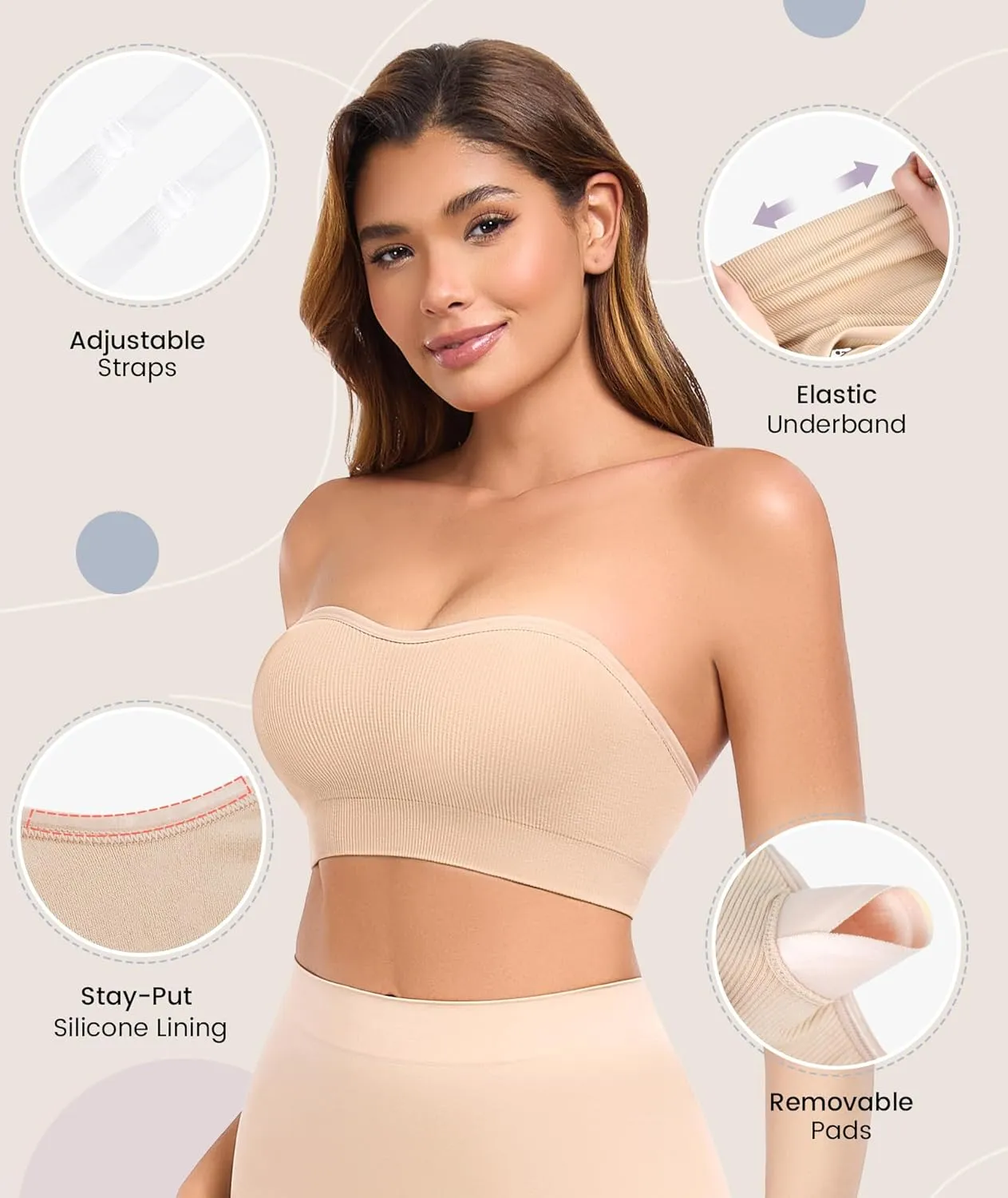 Strapless Bras for Women Non-Slip Padded Bandeau Bra Wireless Tube Top Bra Including Clear Straps