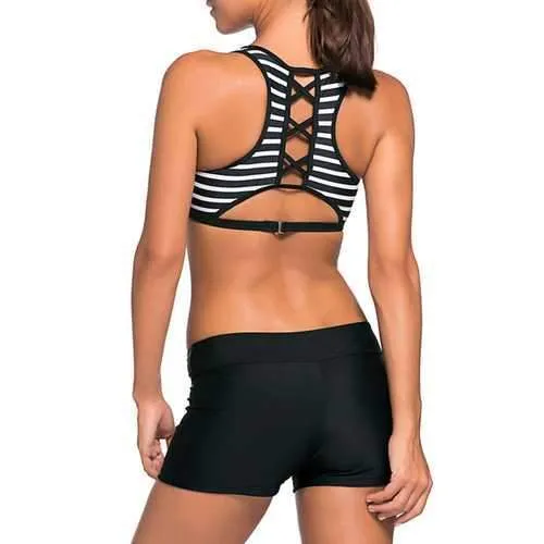 Striped Board Shorts Sports Racerback Tankini Beachwear