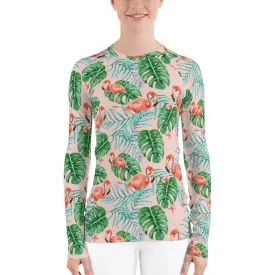 Tropical Flamingo Women's Rash Guard, Pink Print Surf Long Sleeve Swim Shirt Swimwear Sun Beach Designer Wet Suit Protection 40 UPF