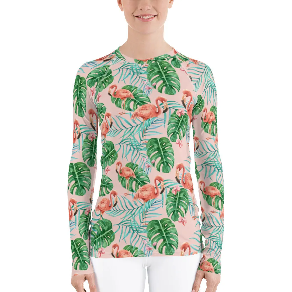 Tropical Flamingo Women's Rash Guard, Pink Print Surf Long Sleeve Swim Shirt Swimwear Sun Beach Designer Wet Suit Protection 40 UPF