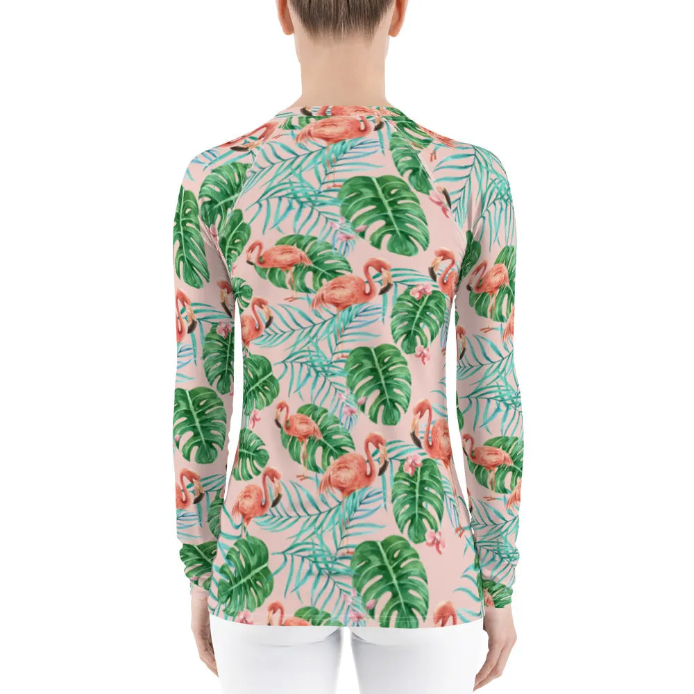 Tropical Flamingo Women's Rash Guard, Pink Print Surf Long Sleeve Swim Shirt Swimwear Sun Beach Designer Wet Suit Protection 40 UPF