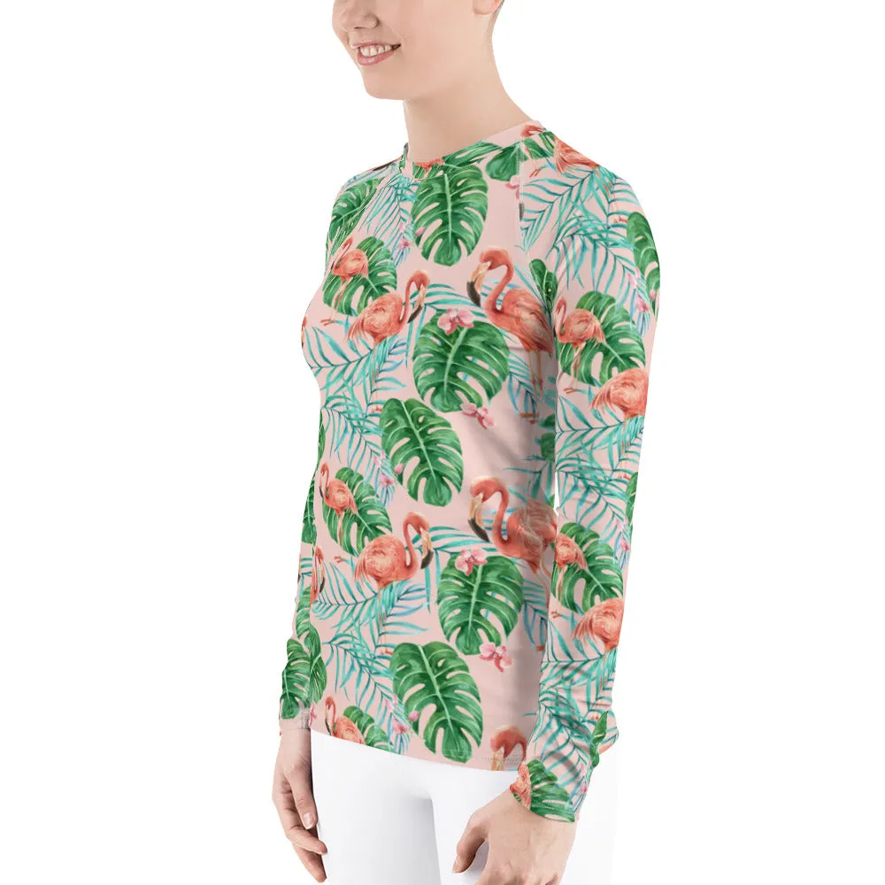 Tropical Flamingo Women's Rash Guard, Pink Print Surf Long Sleeve Swim Shirt Swimwear Sun Beach Designer Wet Suit Protection 40 UPF