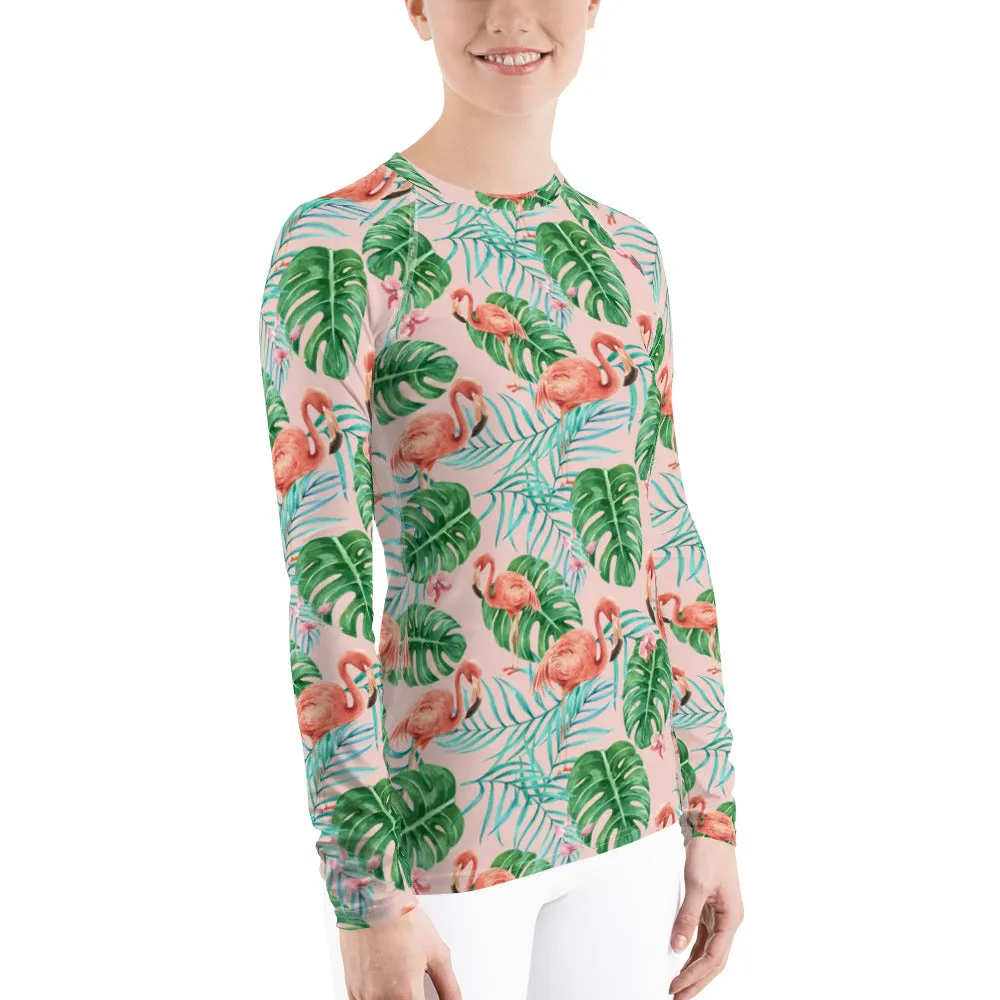 Tropical Flamingo Women's Rash Guard, Pink Print Surf Long Sleeve Swim Shirt Swimwear Sun Beach Designer Wet Suit Protection 40 UPF