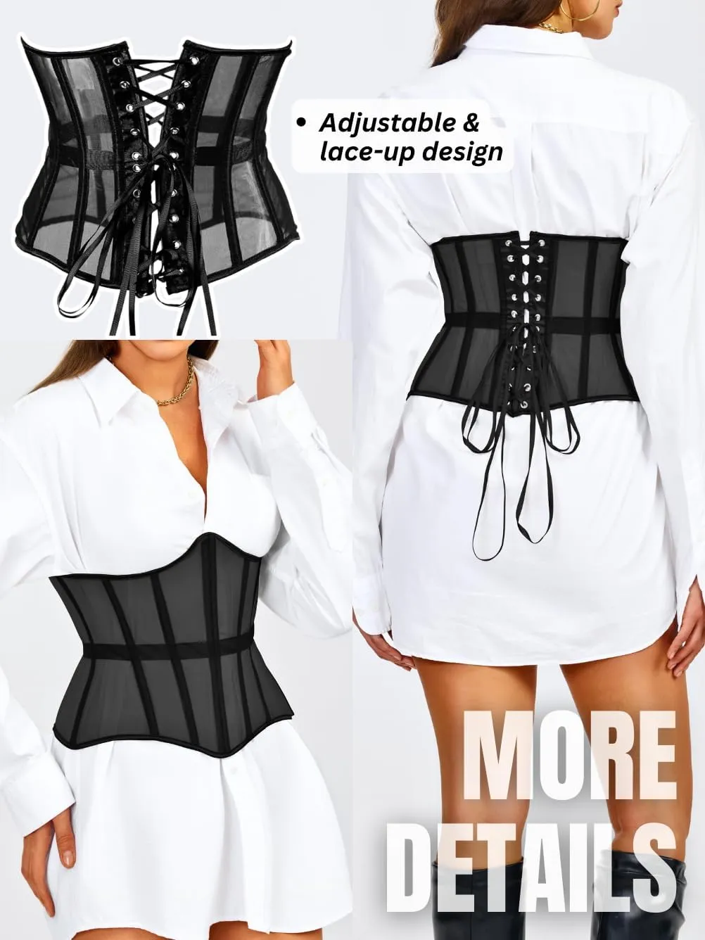 Underbust Corset Belt for Women, Mesh Lace-Up Boned Waist Cincher, Shapewear for Weddings & Going Out