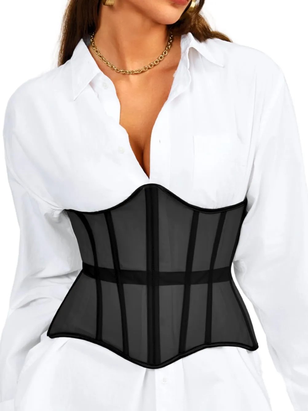 Underbust Corset Belt for Women, Mesh Lace-Up Boned Waist Cincher, Shapewear for Weddings & Going Out