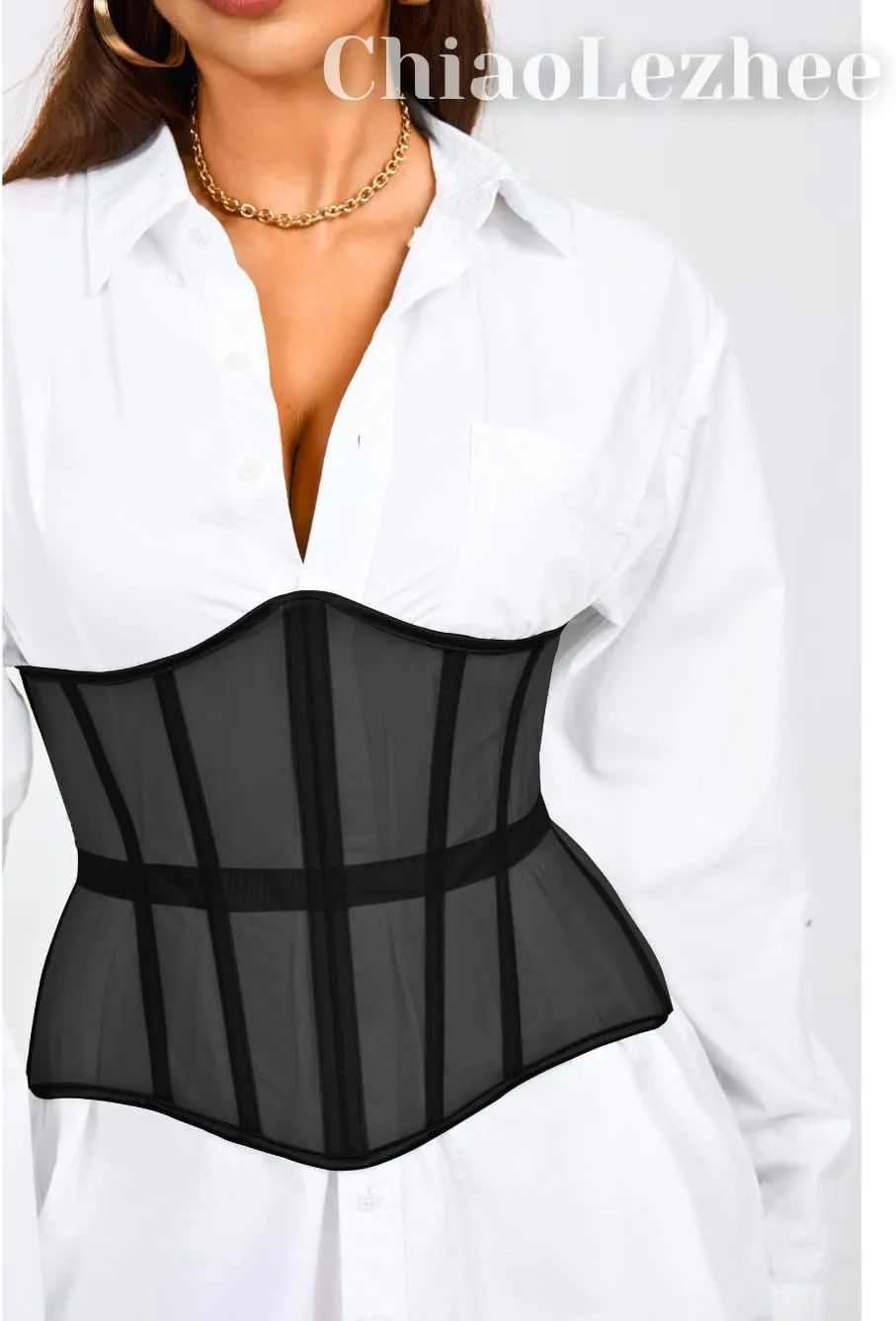 Underbust Corset Belt for Women, Mesh Lace-Up Boned Waist Cincher, Shapewear for Weddings & Going Out