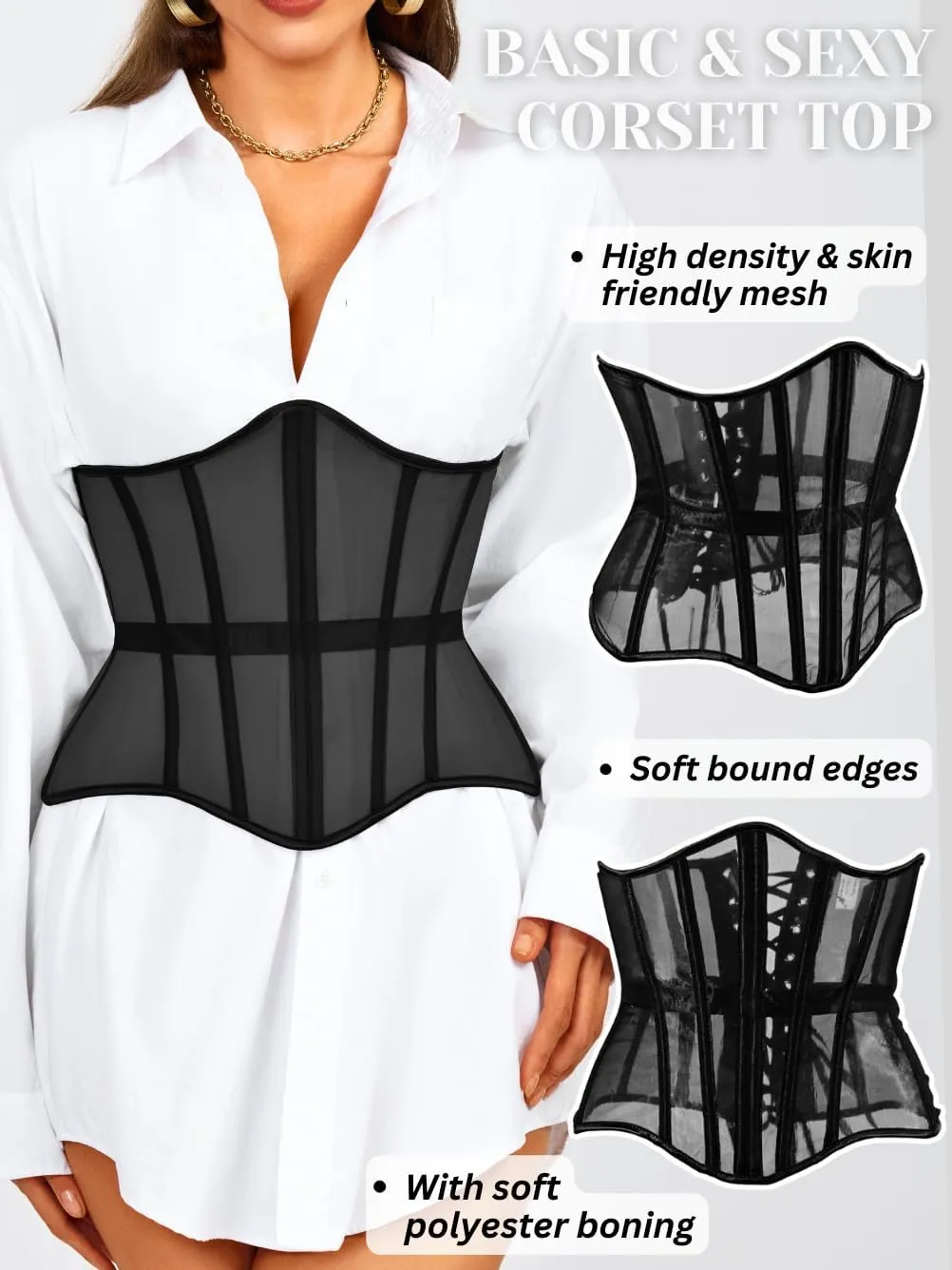 Underbust Corset Belt for Women, Mesh Lace-Up Boned Waist Cincher, Shapewear for Weddings & Going Out