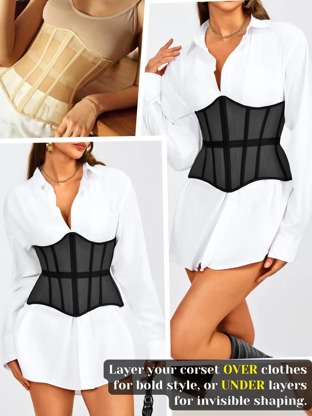Underbust Corset Belt for Women, Mesh Lace-Up Boned Waist Cincher, Shapewear for Weddings & Going Out