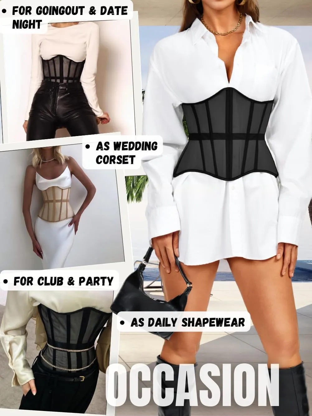 Underbust Corset Belt for Women, Mesh Lace-Up Boned Waist Cincher, Shapewear for Weddings & Going Out