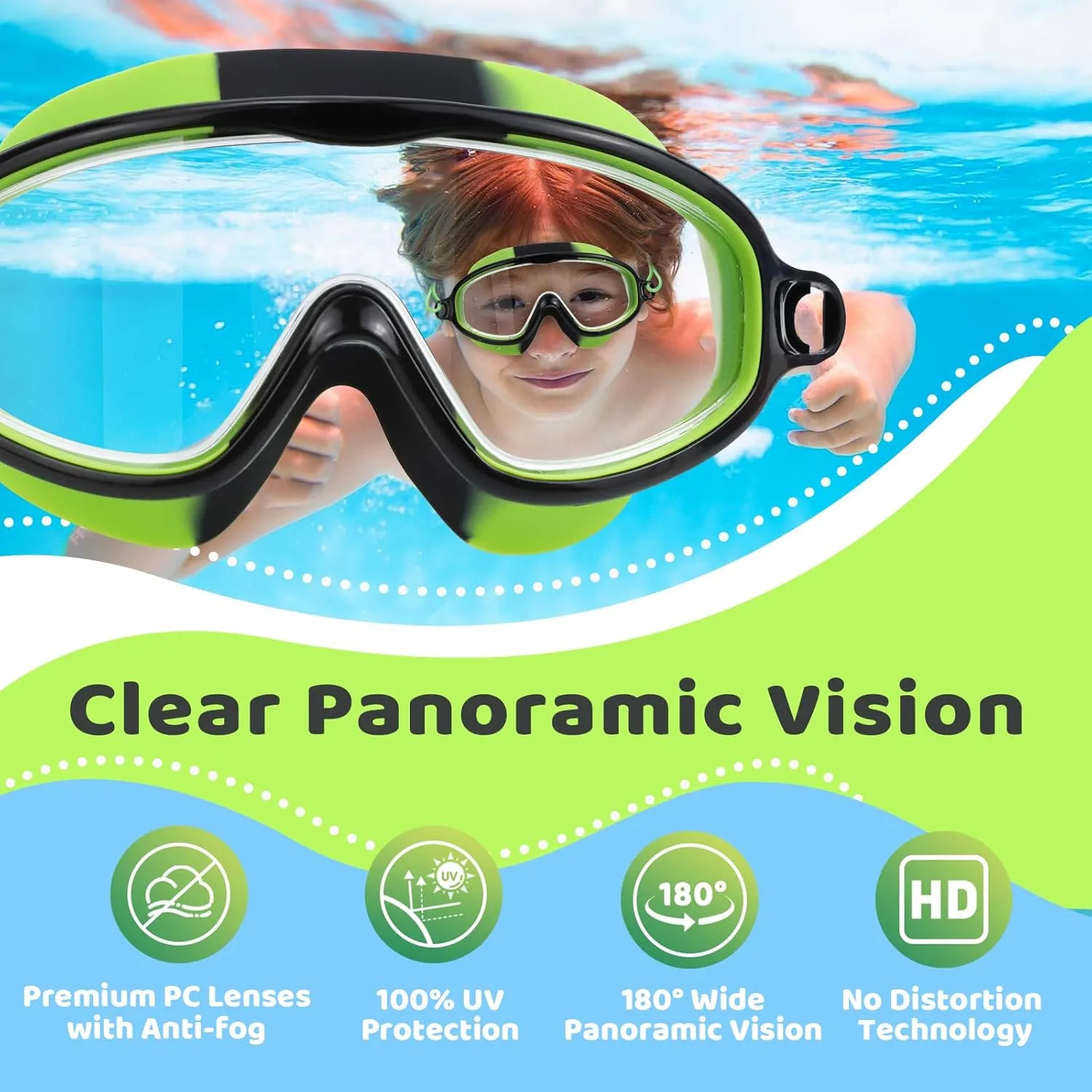 Vvinca Kids-Swim-Goggles with Bungee Strap Wide View Anti Fog UV Swimming Mask Pool Goggle for 3-14 Toddlers Girls Boys