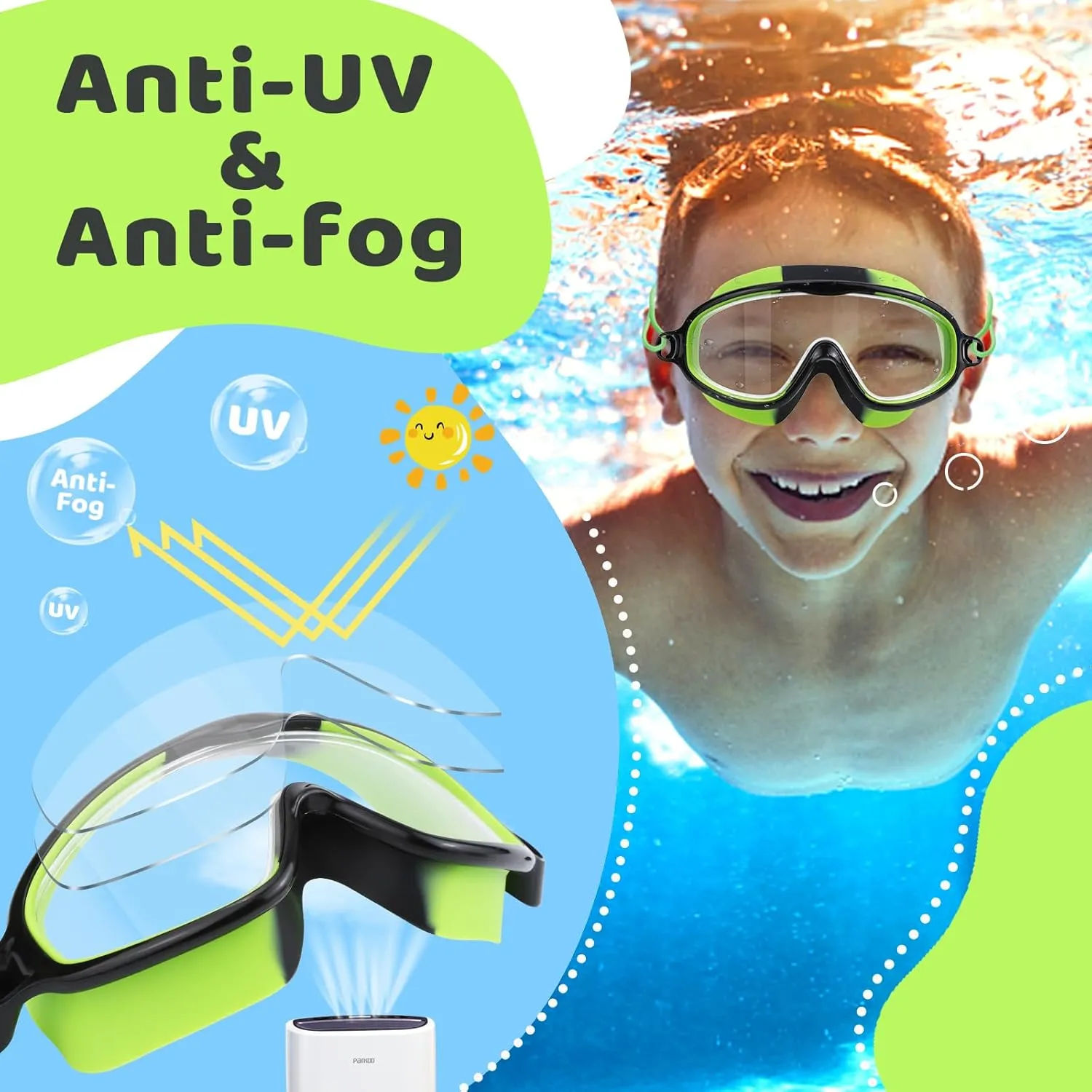 Vvinca Kids-Swim-Goggles with Bungee Strap Wide View Anti Fog UV Swimming Mask Pool Goggle for 3-14 Toddlers Girls Boys