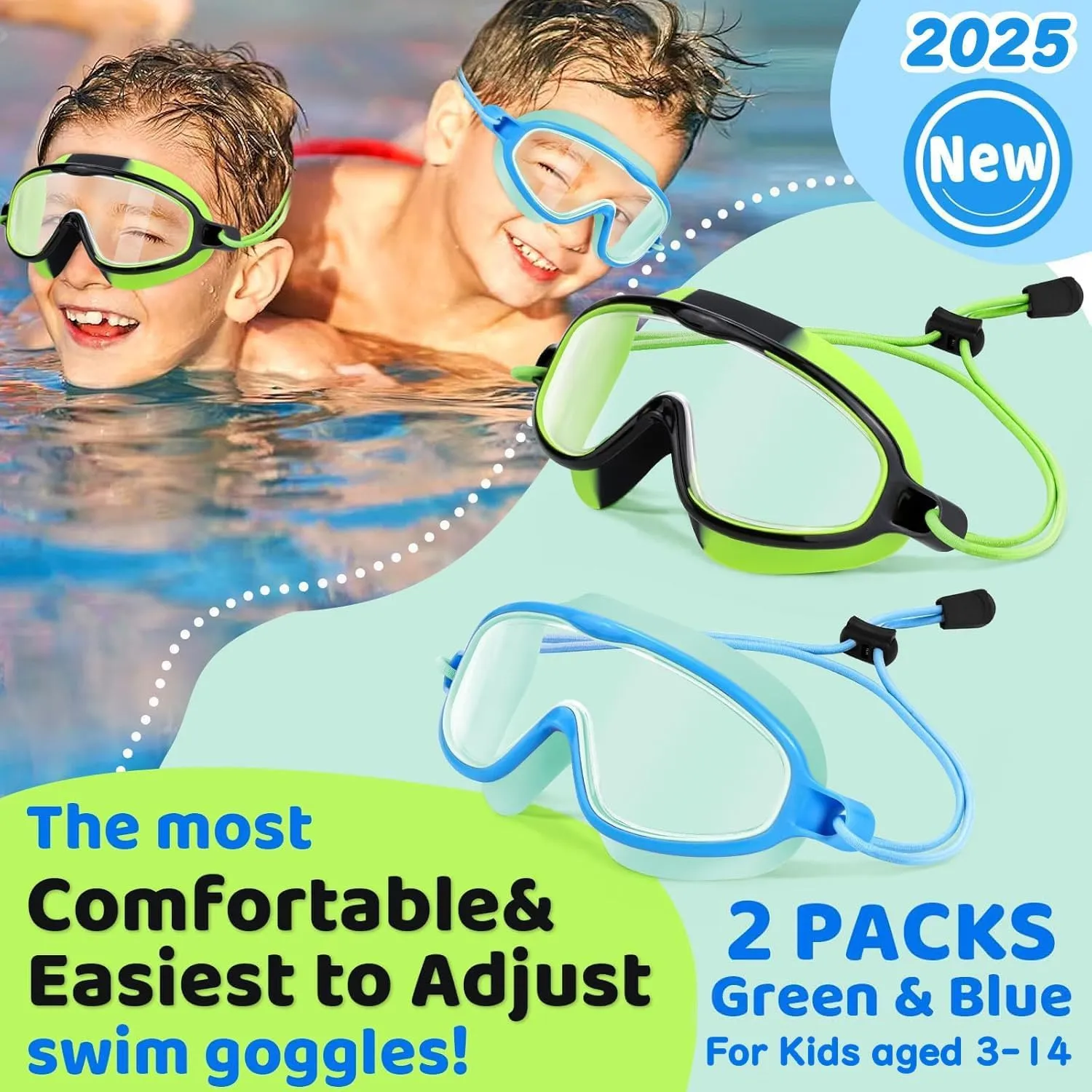 Vvinca Kids-Swim-Goggles with Bungee Strap Wide View Anti Fog UV Swimming Mask Pool Goggle for 3-14 Toddlers Girls Boys