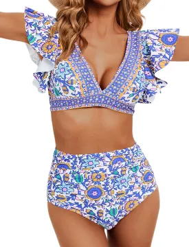 Women Ruffle High Waisted Swimsuit Two Piece Tropical Print Swimsuit Push Up Bathing Suit