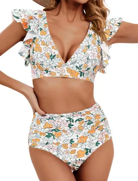 Women Ruffle High Waisted Swimsuit Two Piece Tropical Print Swimsuit Push Up Bathing Suit