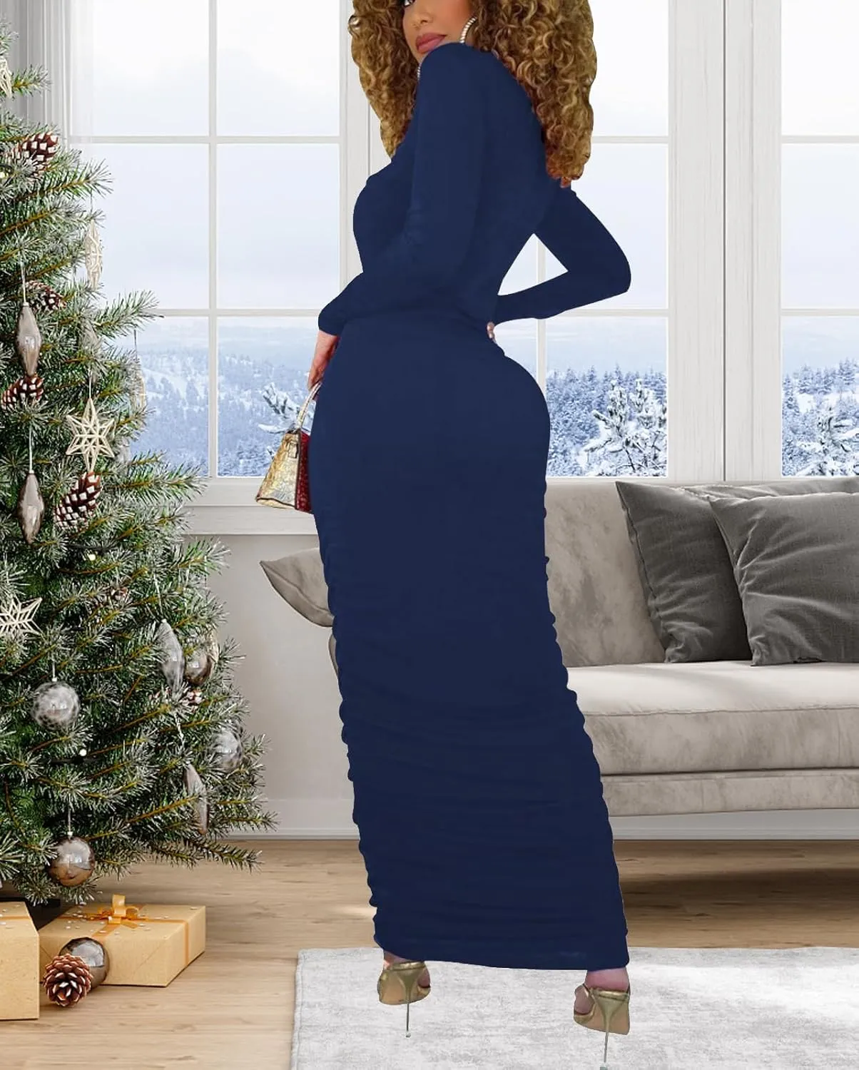 Women's Bodycon Maxi Long Dress Elegant Long Sleeve Stretchy Dresses Club Outfit