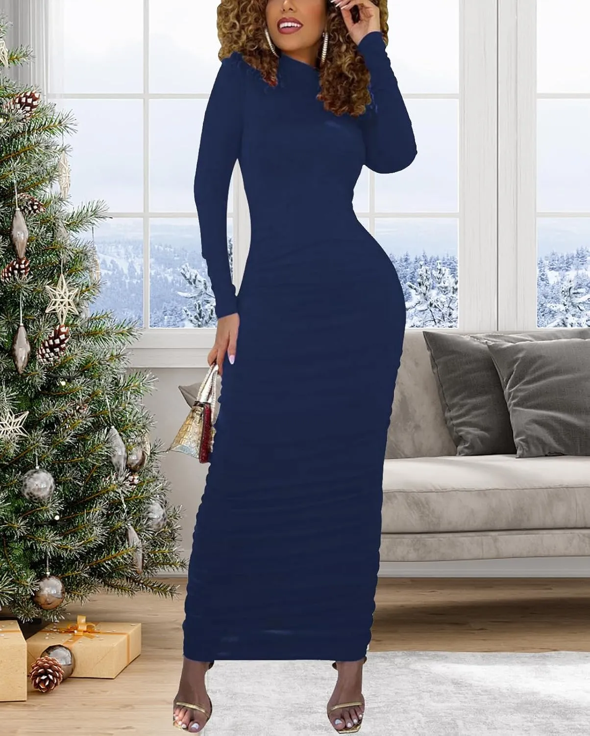 Women's Bodycon Maxi Long Dress Elegant Long Sleeve Stretchy Dresses Club Outfit