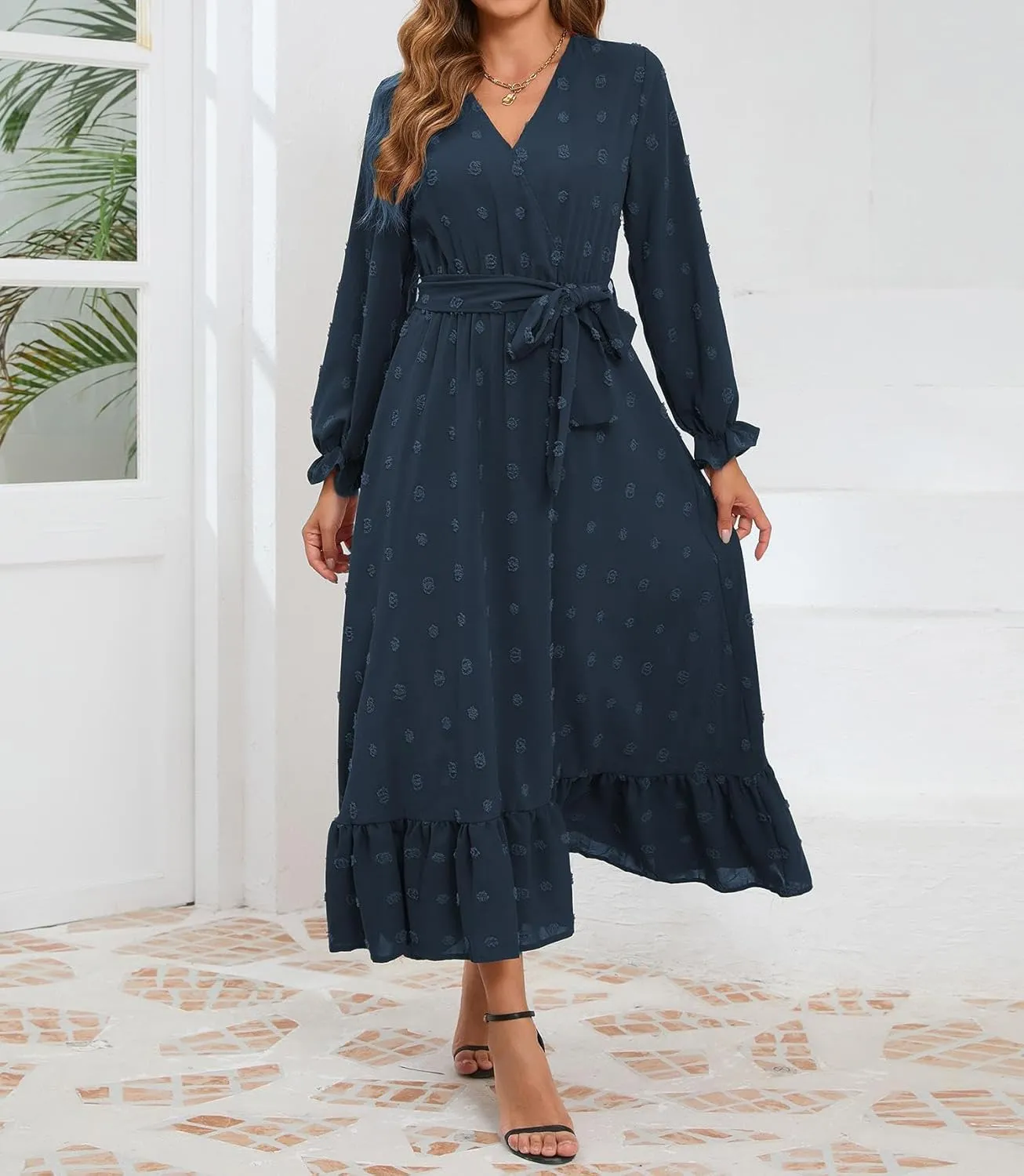 Women's Casual Dress Long Sleeve Swiss Dot Long Flowy A Line Boho Dresses with Belt