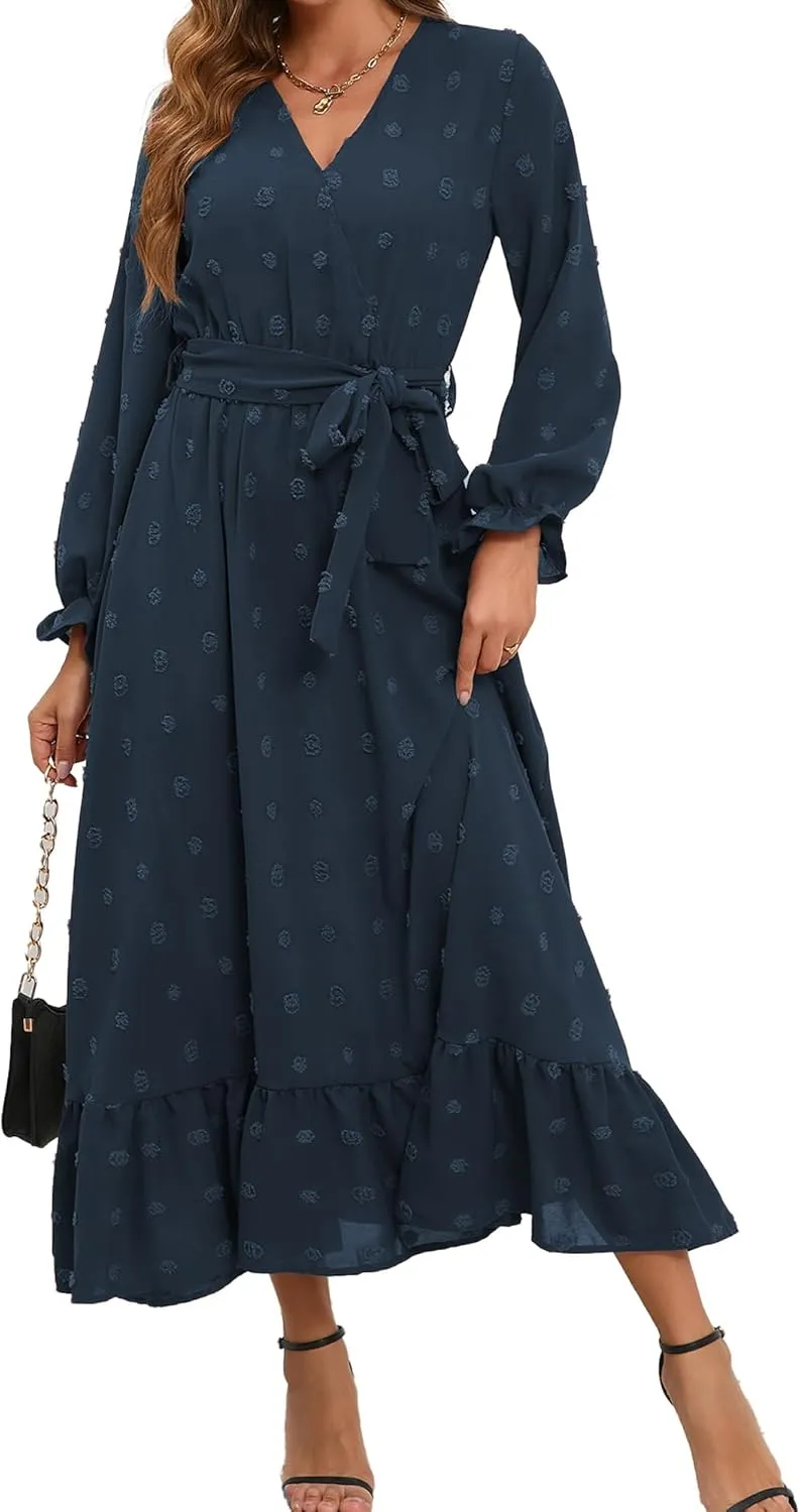 Women's Casual Dress Long Sleeve Swiss Dot Long Flowy A Line Boho Dresses with Belt
