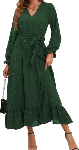 Women's Casual Dress Long Sleeve Swiss Dot Long Flowy A Line Boho Dresses with Belt