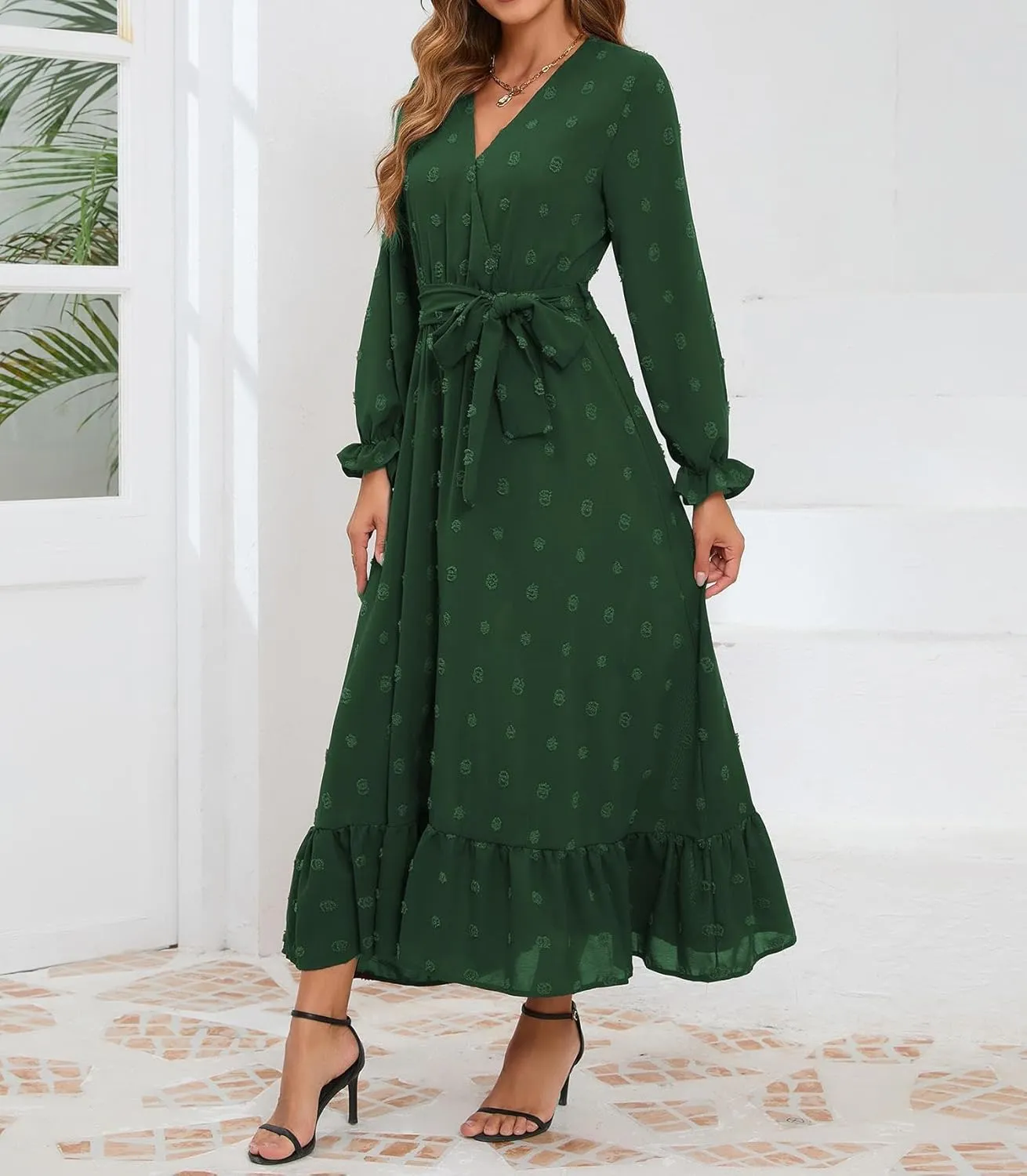 Women's Casual Dress Long Sleeve Swiss Dot Long Flowy A Line Boho Dresses with Belt