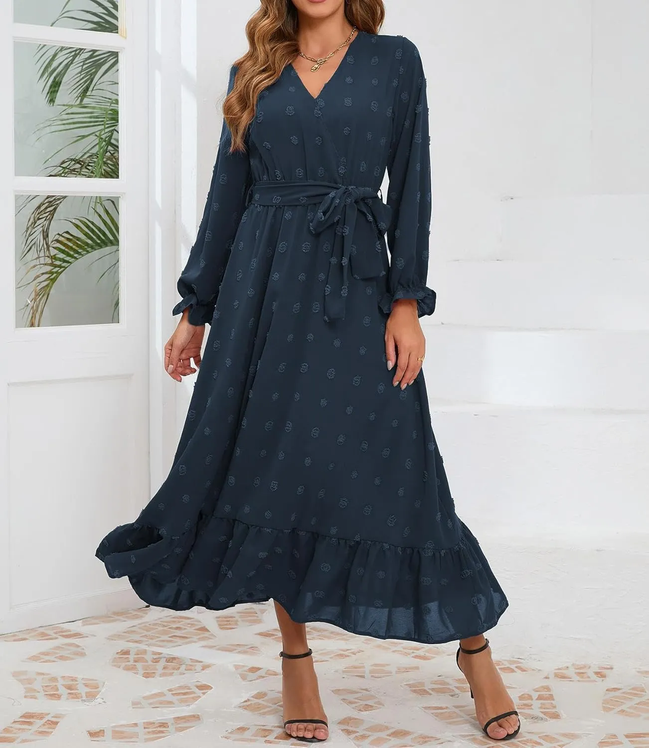 Women's Casual Dress Long Sleeve Swiss Dot Long Flowy A Line Boho Dresses with Belt