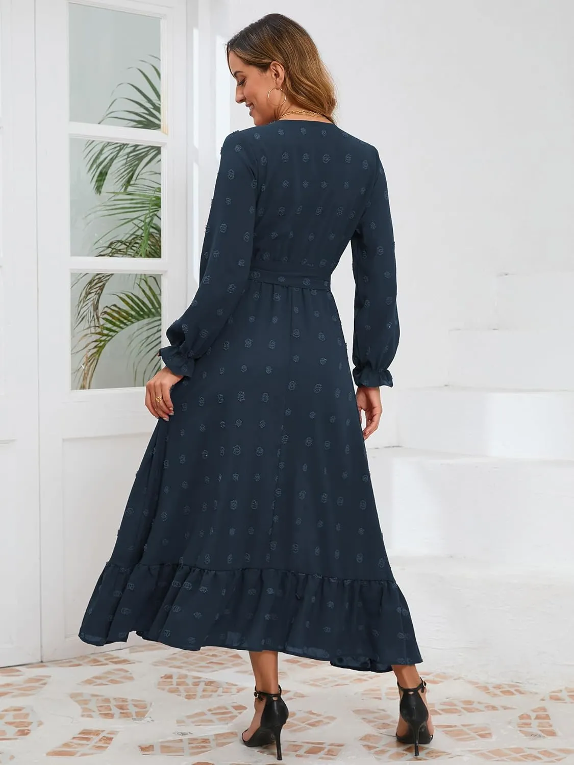 Women's Casual Dress Long Sleeve Swiss Dot Long Flowy A Line Boho Dresses with Belt