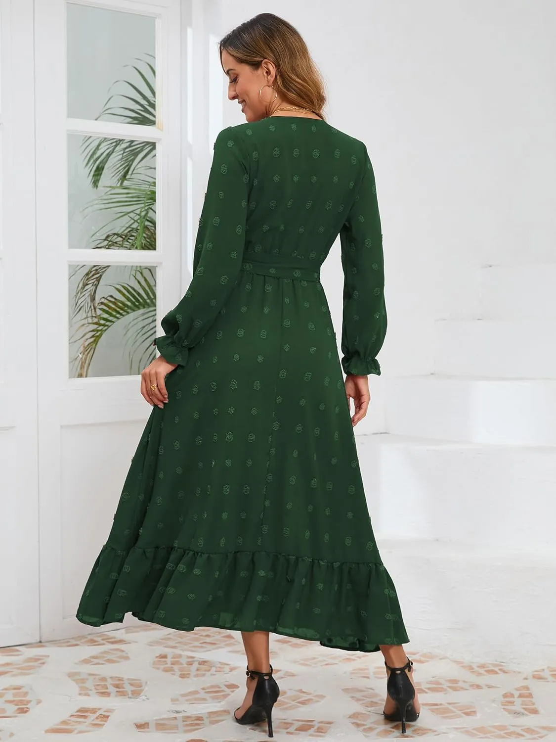 Women's Casual Dress Long Sleeve Swiss Dot Long Flowy A Line Boho Dresses with Belt