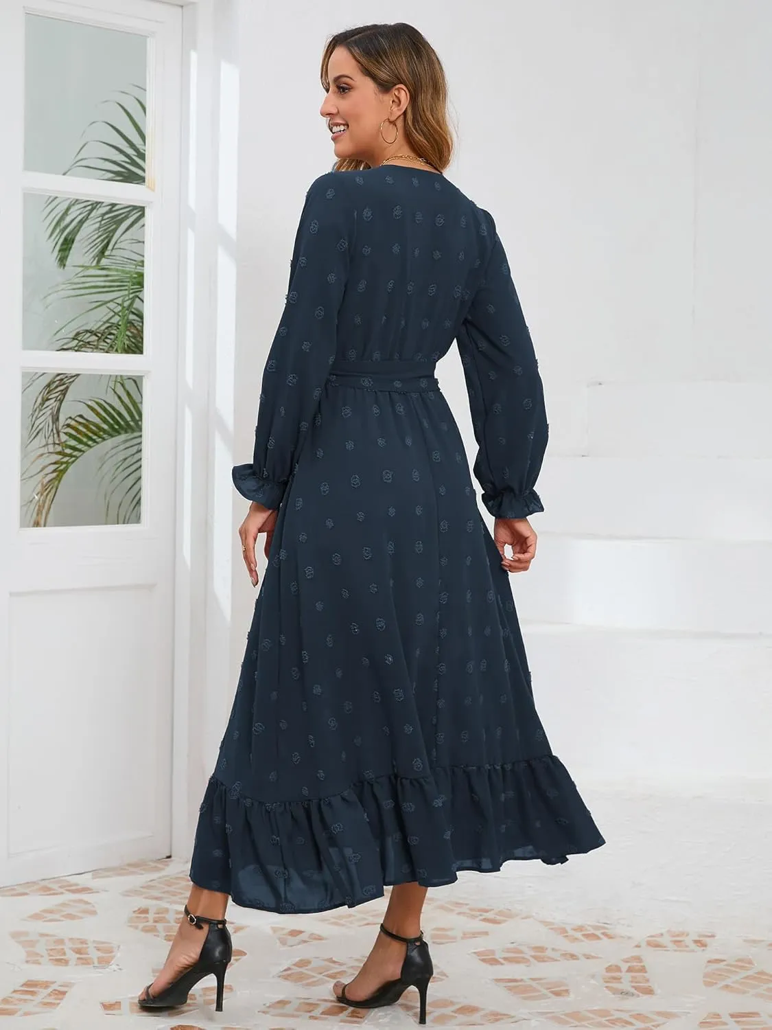 Women's Casual Dress Long Sleeve Swiss Dot Long Flowy A Line Boho Dresses with Belt