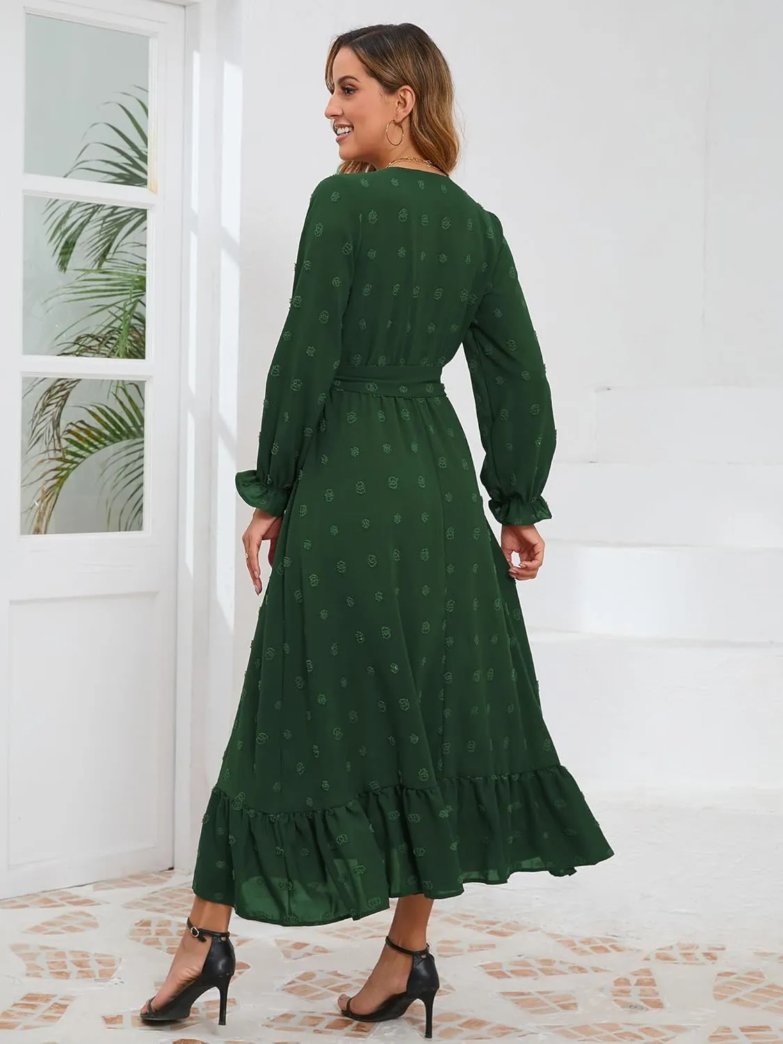 Women's Casual Dress Long Sleeve Swiss Dot Long Flowy A Line Boho Dresses with Belt