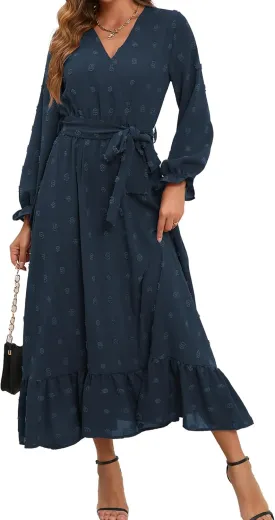 Women's Casual Dress Long Sleeve Swiss Dot Long Flowy A Line Boho Dresses with Belt