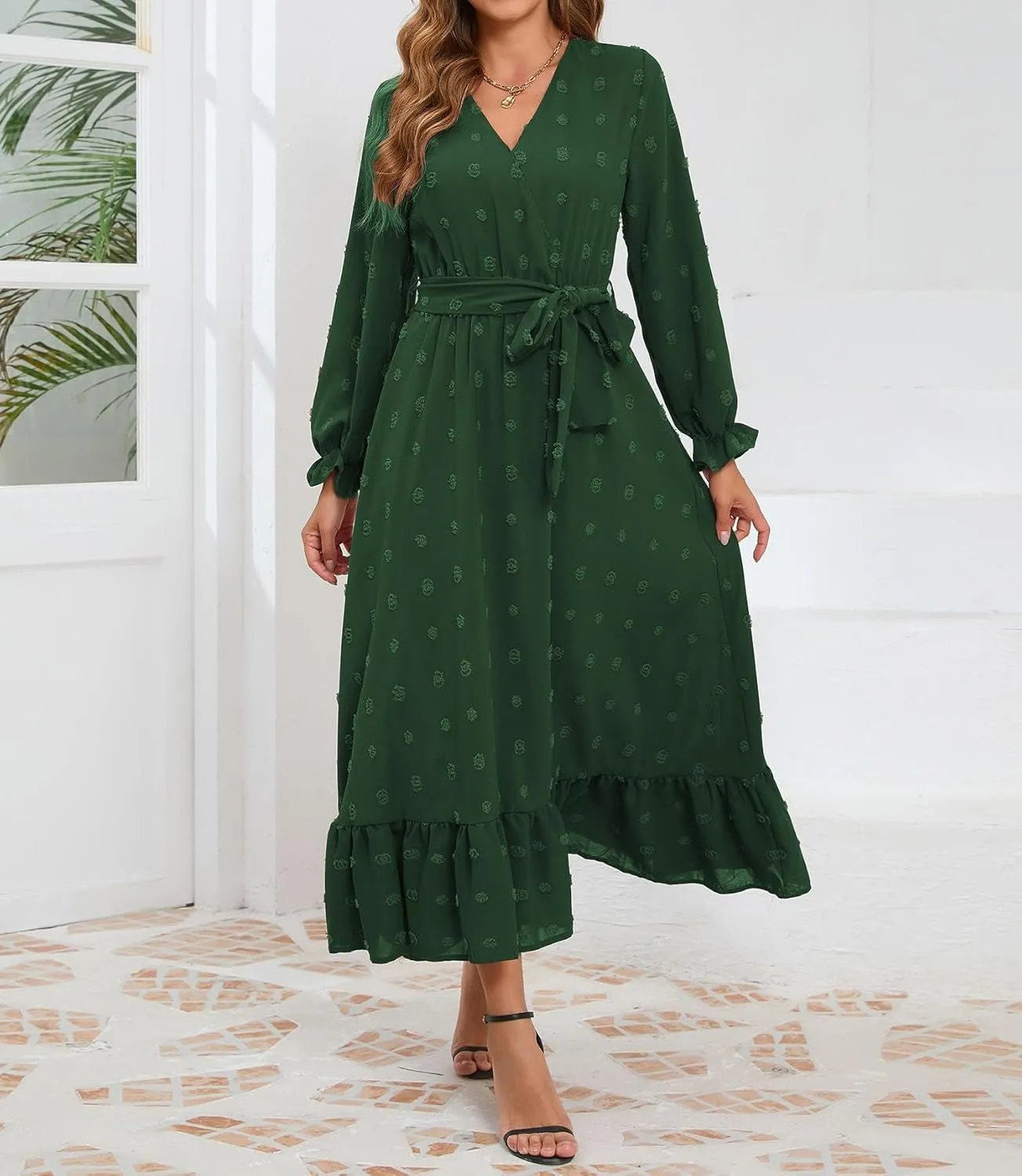 Women's Casual Dress Long Sleeve Swiss Dot Long Flowy A Line Boho Dresses with Belt