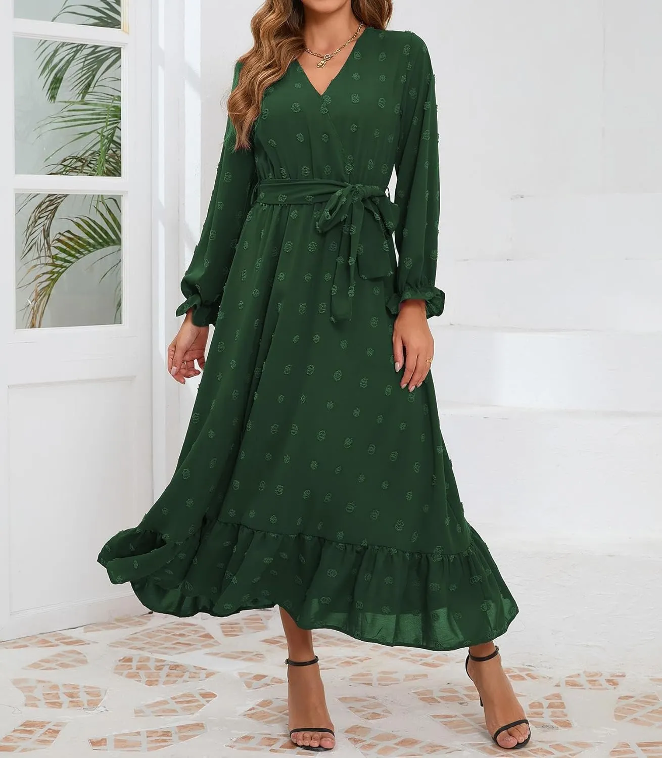 Women's Casual Dress Long Sleeve Swiss Dot Long Flowy A Line Boho Dresses with Belt