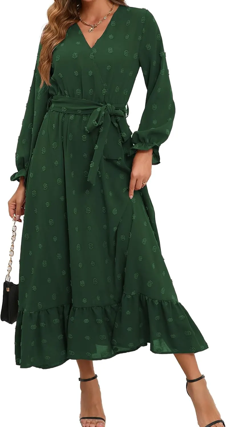Women's Casual Dress Long Sleeve Swiss Dot Long Flowy A Line Boho Dresses with Belt