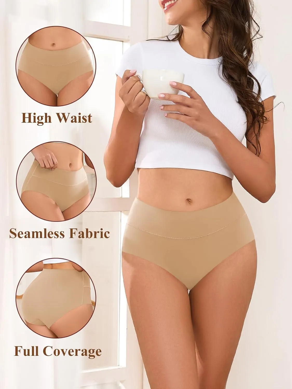 Women's Seamless Underwear High Waisted Tummy Control No Show Panties Full Coverage Stretch Briefs 4 Pack