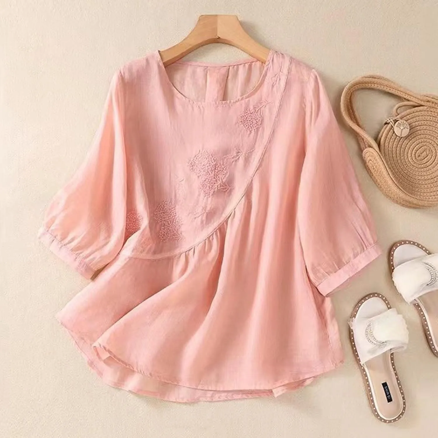 Womens Summer Tops 3/4 Sleeve Crewneck Tunic Tops Dressy Casual Blouses Loose Fit Flowy Embroidered Bohemian Tshirt