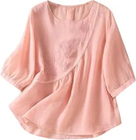 Womens Summer Tops 3/4 Sleeve Crewneck Tunic Tops Dressy Casual Blouses Loose Fit Flowy Embroidered Bohemian Tshirt